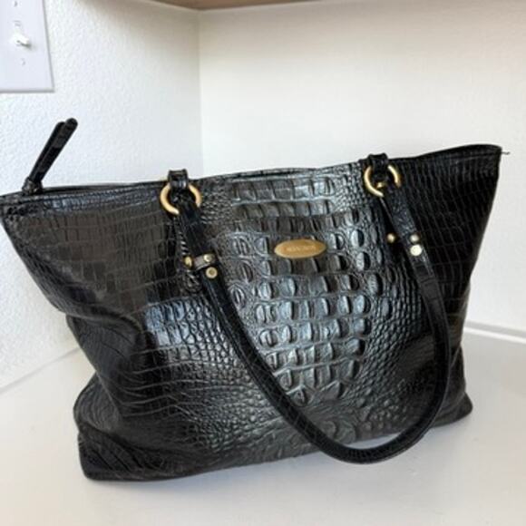 Brahmin Black Croc Embossed Leather Tote Shoulder Bag Large Work Travel Luxury - Picture 1 of 8